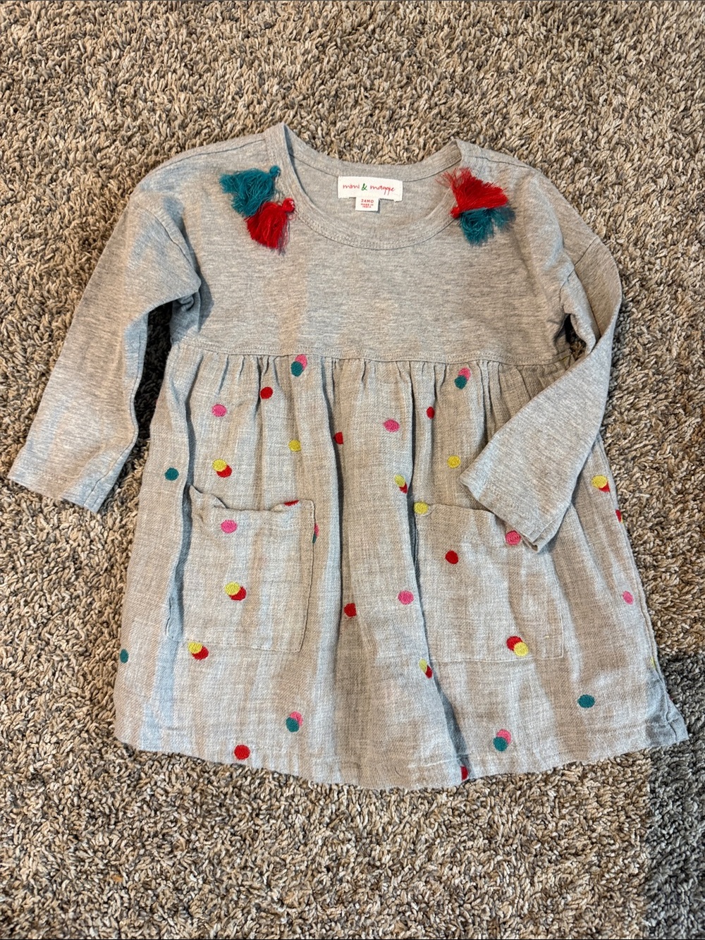 Mimi & Maggie Gray Long-Sleeve Dress with Multicolor Dot Accents